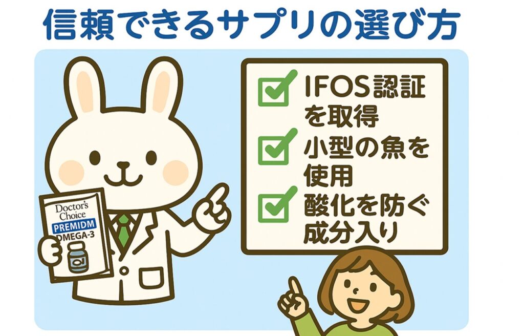 白衣を着たうさぎのキャラクター「みどりん」が、オメガ3サプリのパッケージを持ちながら「信頼できるサプリの選び方」を説明しているイラスト。
隣にはすずちゃんがいて指を立てている。
チェックリストには「✅IFOS認証を取得」「✅小型の魚を使用」「✅酸化を防ぐ成分入り」と書かれている。
背景は水色で、清潔感と信頼感のあるデザイン。